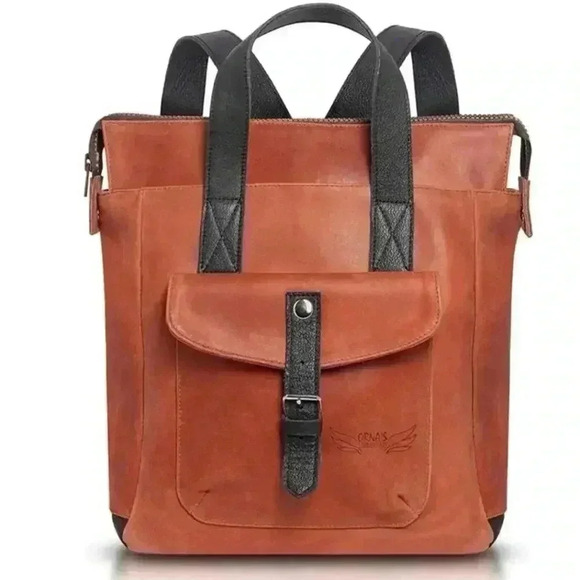 ORNAS LEATHER Mini SWAN Red Cognac Everyday leather backpack Button Zip Closure - Picture 1 of 16